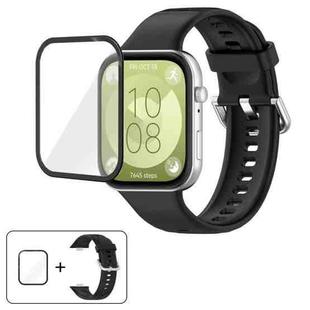 For Huawei Watch Fit 3 Silver Steel Buckle Silicone Watch Band with 3D Curved Film(Black)