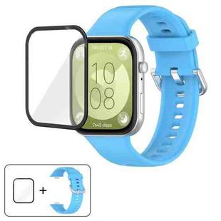 For Huawei Watch Fit 3 Silver Steel Buckle Silicone Watch Band with 3D Curved Film(Sky Blue)