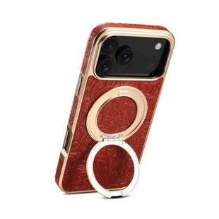 For iPhone 17 Pro Denior A23 Retro Flower Texture Magnetic Holder Electroplating Genuine Leather Phone Case(Red)