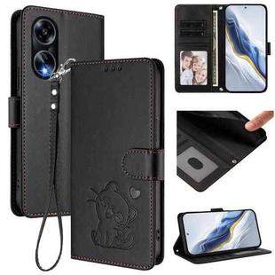 For OPPO A98 5G / F23 5G India Embossed Heart Cat Leather Phone Case with Hand Strap(Black)