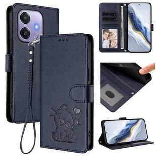 For OPPO A3x / A3 / A60 5G Global Embossed Heart Cat Leather Phone Case with Hand Strap(Blue)