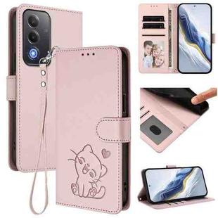 For OPPO A5 5G / A3 Pro 5G Global Embossed Heart Cat Leather Phone Case with Hand Strap(Pink)