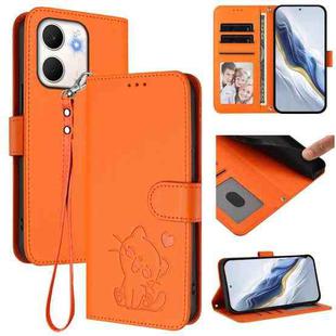 For OPPO A5x 5G / 4G Global Embossed Heart Cat Leather Phone Case with Hand Strap(Orange)