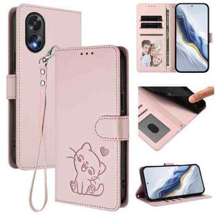 For OPPO A18 4G Global / A38 4G Embossed Heart Cat Leather Phone Case with Hand Strap(Pink)