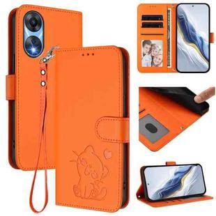 For OPPO A78 5G Global / A1x 5G Embossed Heart Cat Leather Phone Case with Hand Strap(Orange)