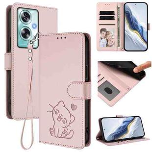 For OPPO A79 5G Global Embossed Heart Cat Leather Phone Case with Hand Strap(Pink)