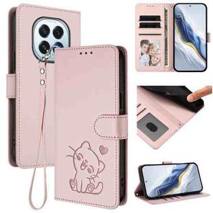 For OPPO F29 5G Global Embossed Heart Cat Leather Phone Case with Hand Strap(Pink)