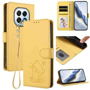 For OPPO F29 5G Global Embossed Heart Cat Leather Phone Case with Hand Strap(Yellow)