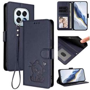 For OPPO F29 5G Global Embossed Heart Cat Leather Phone Case with Hand Strap(Blue)