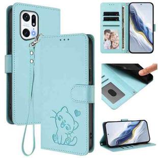 For OPPO Find X5 Pro Embossed Heart Cat Leather Phone Case with Hand Strap(Mint Green)