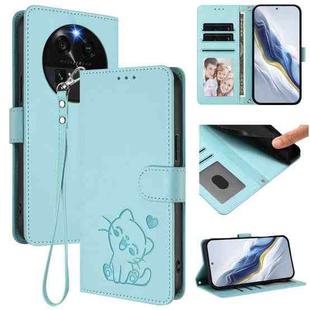 For OPPO Find X6 5G Embossed Heart Cat Leather Phone Case with Hand Strap(Mint Green)