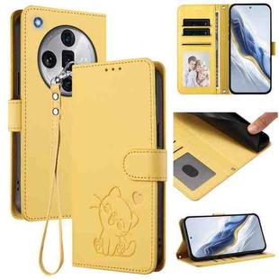 For OPPO Find X7 Ultra Embossed Heart Cat Leather Phone Case with Hand Strap(Yellow)