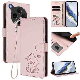 For OPPO Find X8s+ 5G Embossed Heart Cat Leather Phone Case with Hand Strap(Pink)
