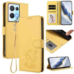 For OPPO Reno8 Pro 5G Embossed Heart Cat Leather Phone Case with Hand Strap(Yellow)