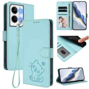 For OPPO Reno9 / Reno9 Pro 5G Embossed Heart Cat Leather Phone Case with Hand Strap(Mint Green)