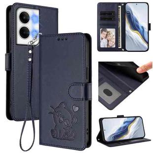 For OPPO Reno9 / Reno9 Pro 5G Embossed Heart Cat Leather Phone Case with Hand Strap(Blue)