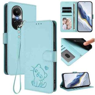 For OPPO Reno10 / Reno10 Pro 5G Global Embossed Heart Cat Leather Phone Case with Hand Strap(Mint Green)