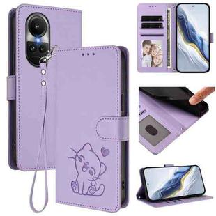 For OPPO Reno10 / Reno10 Pro 5G Global Embossed Heart Cat Leather Phone Case with Hand Strap(Light Purple)