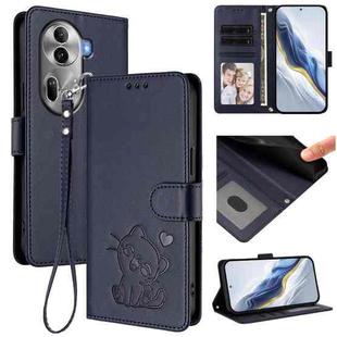 For OPPO Reno11 Pro 5G Global Embossed Heart Cat Leather Phone Case with Hand Strap(Blue)
