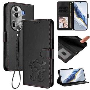 For OPPO Reno11 Pro 5G Global Embossed Heart Cat Leather Phone Case with Hand Strap(Black)