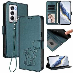 For OPPO Reno12 5G Global Embossed Heart Cat Leather Phone Case with Hand Strap(Dark Green)