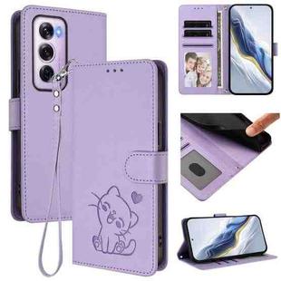 For OPPO Reno12 Pro 5G Global Embossed Heart Cat Leather Phone Case with Hand Strap(Light Purple)