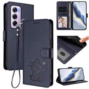 For OPPO Reno12 Pro 5G Global Embossed Heart Cat Leather Phone Case with Hand Strap(Blue)