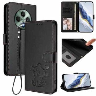 For OPPO Reno12 F 5G / 4G Embossed Heart Cat Leather Phone Case with Hand Strap(Black)