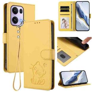 For OPPO Reno13 Pro 5G Global Embossed Heart Cat Leather Phone Case with Hand Strap(Yellow)