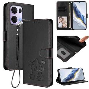 For OPPO Reno13 Pro 5G Global Embossed Heart Cat Leather Phone Case with Hand Strap(Black)