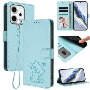 For OPPO Reno14 F 5G / Reno14 5G Embossed Heart Cat Leather Phone Case with Hand Strap(Mint Green)