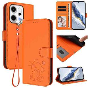 For OPPO Reno14 F 5G / Reno14 5G Embossed Heart Cat Leather Phone Case with Hand Strap(Orange)