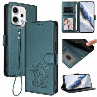For OPPO Reno14 F 5G / Reno14 5G Embossed Heart Cat Leather Phone Case with Hand Strap(Dark Green)