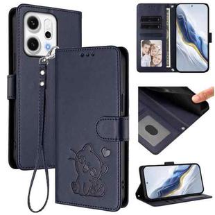 For OPPO Reno14 F 5G / Reno14 5G Embossed Heart Cat Leather Phone Case with Hand Strap(Blue)