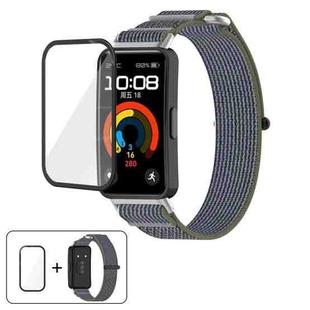 For Huawei Band 10 / 10 NFC Wild Path Nylon Hook and Loop Fastener Watch Band with 3D Curved Film(Green Gray)