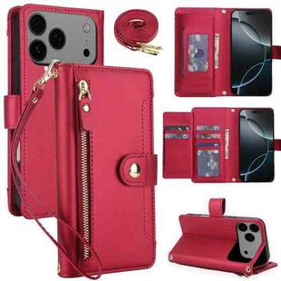 For iPhone 17 Pro Seven Card Slots Zipper Wallet Leather Phone Case with Lanyard(Red)