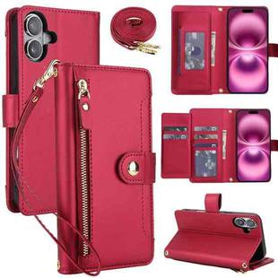 For iPhone 17 Seven Card Slots Zipper Wallet Leather Phone Case with Lanyard(Red)