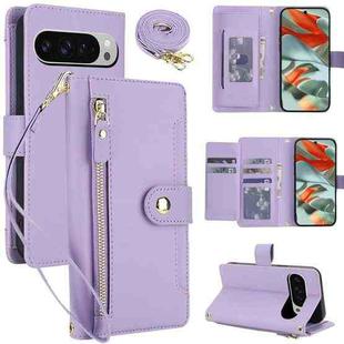 For Google Pixel 10 Pro XL / 9 Pro XL Seven Card Slots Zipper Wallet Leather Phone Case with Lanyard(Light Purple)