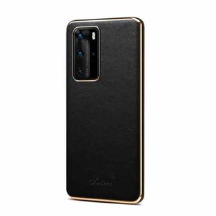 For Huawei P40 Little Litchi Texture Top-grain Leather Electroplated Shockproof Protective Case(Black)