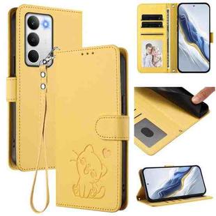 For Realme C71 4G Global Embossed Heart Cat Leather Phone Case with Hand Strap(Yellow)