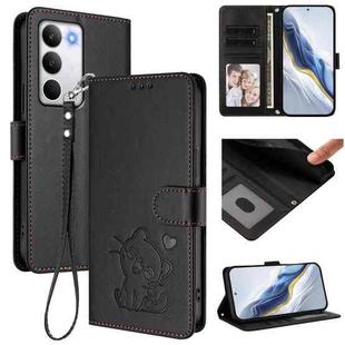 For Realme C71 4G Global Embossed Heart Cat Leather Phone Case with Hand Strap(Black)