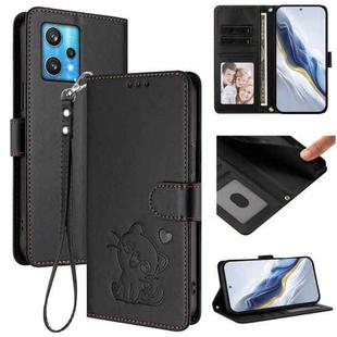 For Realme 9 Pro+ 5G / Narzo 50 Pro 5G Embossed Heart Cat Leather Phone Case with Hand Strap(Black)