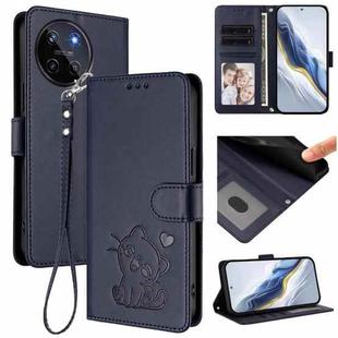 For Realme 11 4G Global Embossed Heart Cat Leather Phone Case with Hand Strap(Blue)