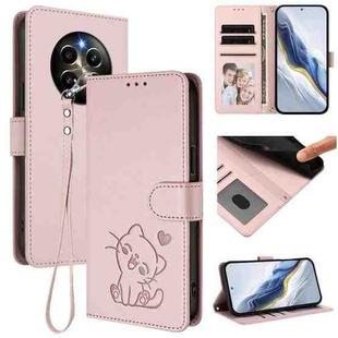For Realme 12 Pro / 12 Pro+ / P1 Pro 5G Embossed Heart Cat Leather Phone Case with Hand Strap(Pink)