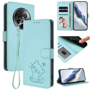 For Realme 13+ 5G Global Embossed Heart Cat Leather Phone Case with Hand Strap(Mint Green)
