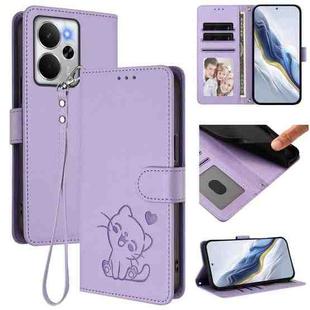 For Realme 14 / P3 / 14T 5G Global Embossed Heart Cat Leather Phone Case with Hand Strap(Light Purple)