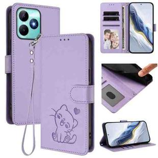 For Realme C53 / C51 4G Global Embossed Heart Cat Leather Phone Case with Hand Strap(Light Purple)