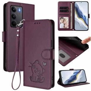 For Realme C75 4G Global / 14x 5G India Embossed Heart Cat Leather Phone Case with Hand Strap(Dark Purple)