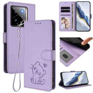 For Realme GT 7 Pro 5G / GT7 Pro Racing Embossed Heart Cat Leather Phone Case with Hand Strap(Light Purple)