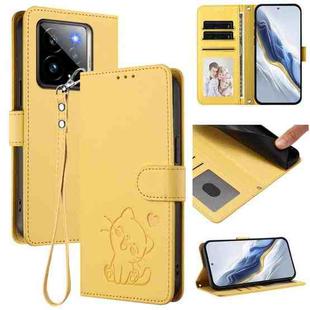 For Realme GT 7 Pro 5G / GT7 Pro Racing Embossed Heart Cat Leather Phone Case with Hand Strap(Yellow)